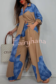 Unique Printed Casual Loose Long Shirt and Elastic Waist Pocket Wide Leg Pants Set