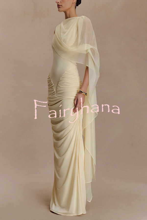 Fashionable Mesh Shawl Sleeveless Slim Fit Pleated Maxi Dress