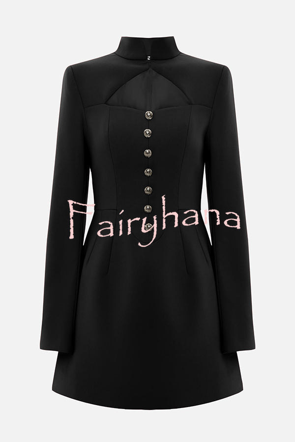 Elegant Long-sleeved Hollowed-out Button-down Slim-fit Mini Dress