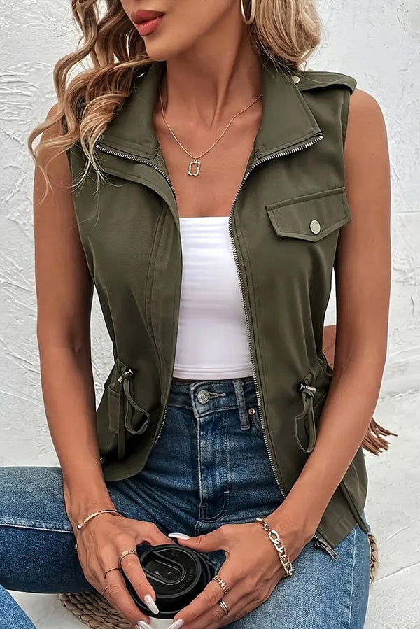Fashionable Casual Zipper Drawstring Pocket Sleeveless Vest Jacket