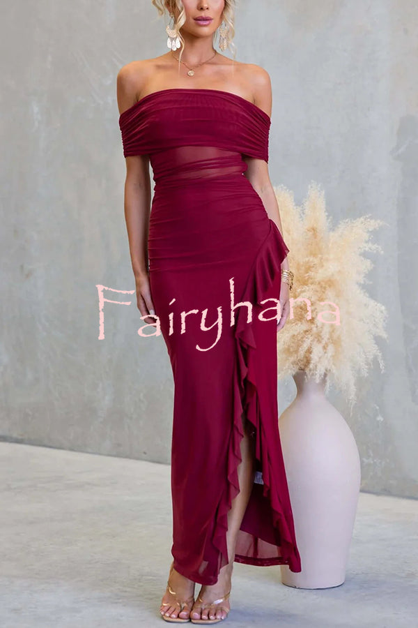 Sexy Mesh Off-shoulder Slim Fit Ruffled Slit Maxi Dress