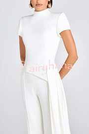 Pippa High Neck Short Sleeve Irregular Drape Hem Top and Elastic Waist Flare Pants Set