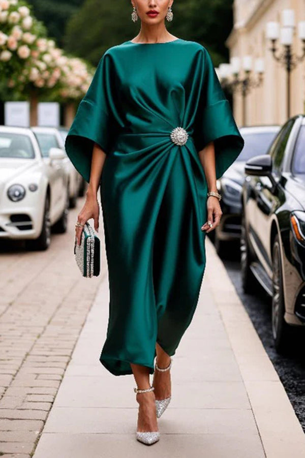 Satin Elegant Brooch Embellished Casual Round Neck Midi Dress