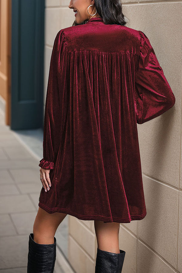 Solid Color Velvet V-Neck Long Sleeve Loose Mini Dress