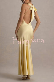 Timeless Sophistication Satin Cowl Detail Back Self-tie Halter Neck Maxi Dress