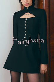 Elegant Long-sleeved Hollowed-out Button-down Slim-fit Mini Dress