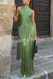 Fashion Sleeveless Halter Neck Elegant Tassel Slim Maxi Dress