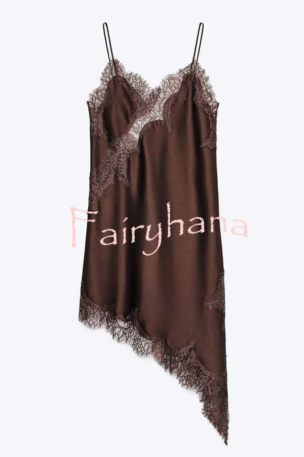 Elouise Satin Lace Trim V-neck Asymmetrical Hem Slip Mini Dress