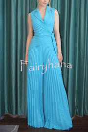 Solid Color Lapel Sleeveless Waist Tie Pleated Wide-leg Jumpsuit