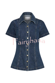 Modern Flavor Denim Short Sleeve Button Up Princess Seams Stretch Top