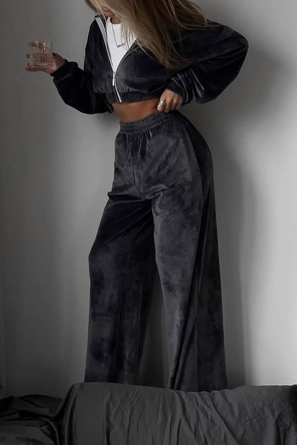 Solid Color Velvet Long-sleeved Zip-up Sweatshirt and Elastic Waist Casual Pocket Straight-leg Pants Set