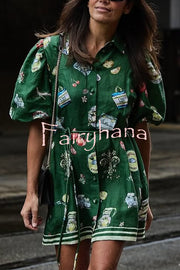 Linen Blend Unique Print Puff Sleeve Casual Mini Dress