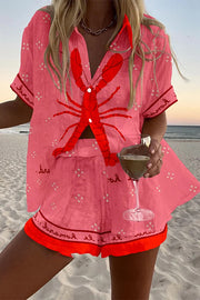Lobster Print Loose Button Elastic Waist Shorts Set