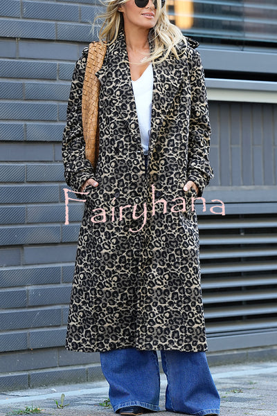Leopard Affair Animal Print Epaulettes Long Sleeve Pocketed Lapel Midi Trench Coat
