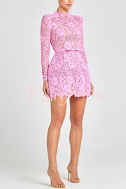 Champagne Toast Flower Lace Long Sleeve Bow Belted Mini Dress