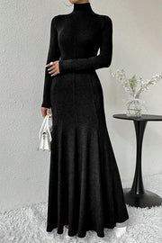 Solid Color High-neck Long-sleeved Slim-fit Fishtail Elegant Maxi Dress