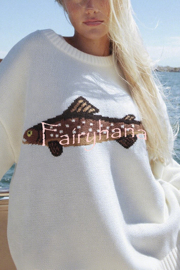 Fashionable Fish Pattern Round Neck Loose Knitted Sweater