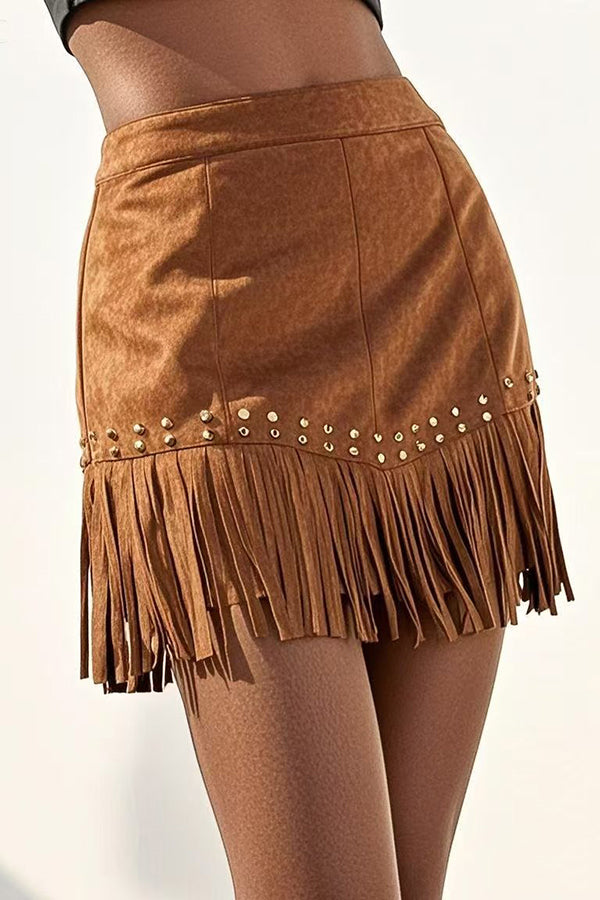 Fashion Suede Studded Tassel Hem Mini Skirt