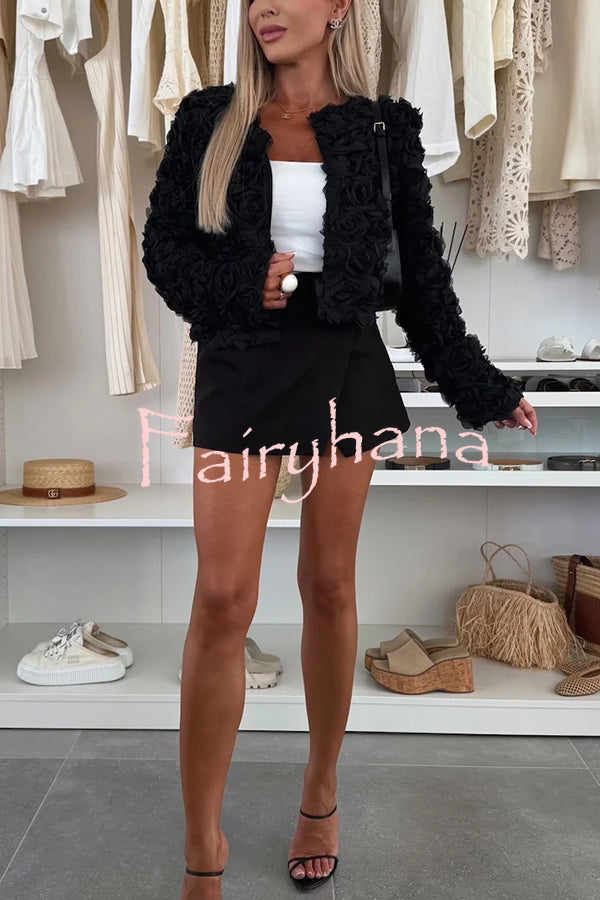 Fashionable Three-dimensional Flower Casual Long-sleeved Cropped Jacket