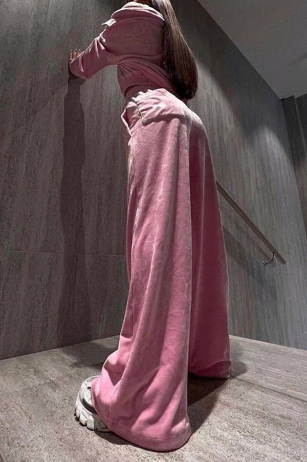Solid Color Velvet Long-sleeved Zip-up Sweatshirt and Elastic Waist Casual Pocket Straight-leg Pants Set
