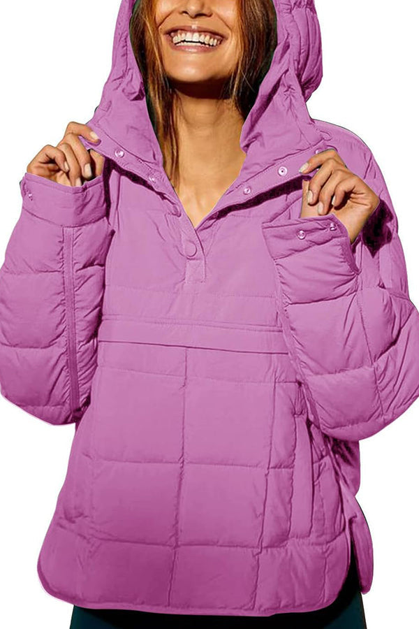 Solid Color Hooded Long-sleeved Loose Pocket Padded Top