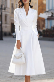 Solid Color Lapel Long Sleeve Waist Pocket Midi Dress