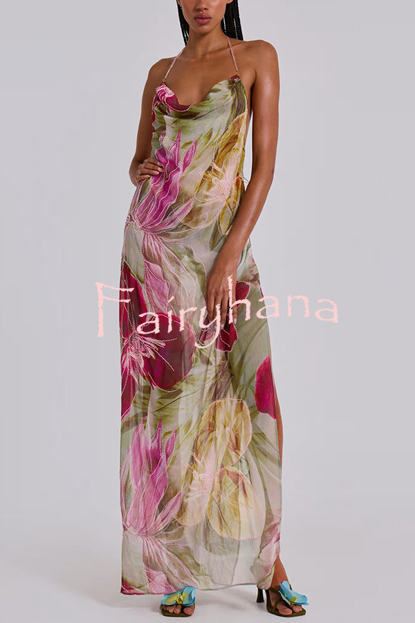 Floral Print Sexy Backless Slit See-Through Holiday Maxi Dress