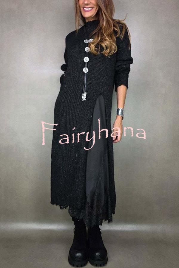 Solid Color Knitted Long-sleeved Casual Slit Midi Dress
