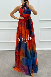 Elaine Tulle Floral Splash Print Cutout Halter Tie-up Neck Gown Maxi Dress