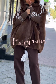 Fashion Sports Stripe Print and Ribbed Embroidered Long Sleeve Zipper Pocket Hooded Plush Coat