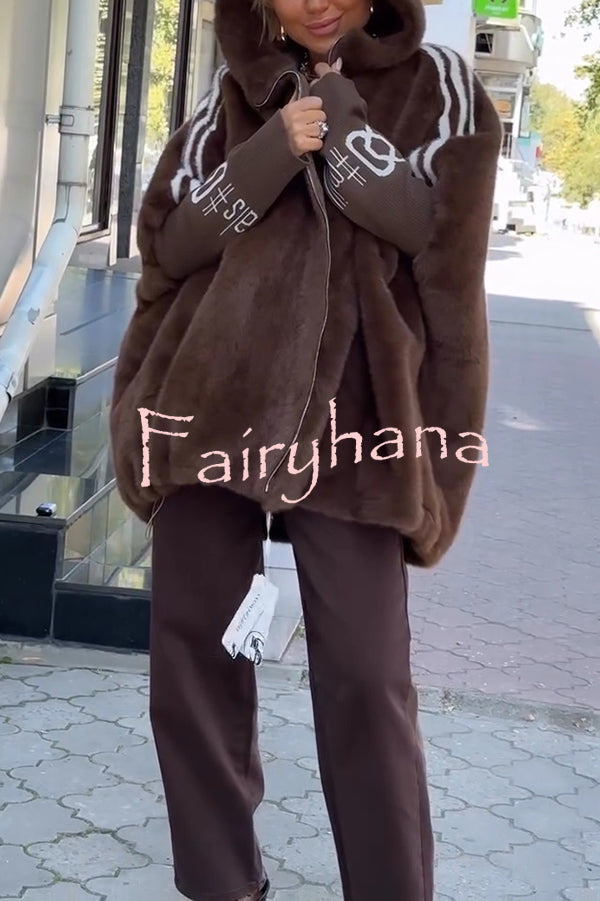 Fashion Sports Stripe Print and Ribbed Embroidered Long Sleeve Zipper Pocket Hooded Plush Coat