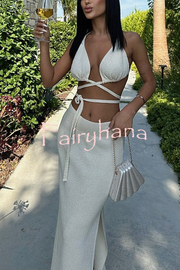Solid Color Sexy Lace-up Swimsuit and Knitted Elastic Slit Beach Maxi Skirt Set