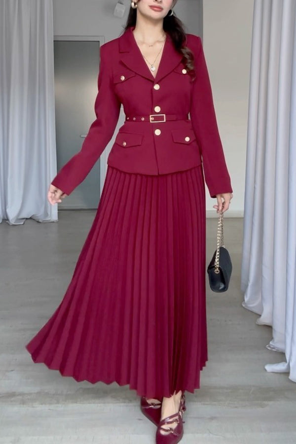 Solid Color Lapel Button Belt Blazer and Pleated Casual Maxi Skirt Set