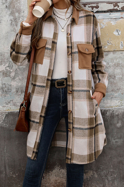 Retro Plaid Casual Long-sleeved Pocket Mid-length Coat