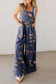 Fashion Floral Print Casual Button Pocket Loose Denim Overalls