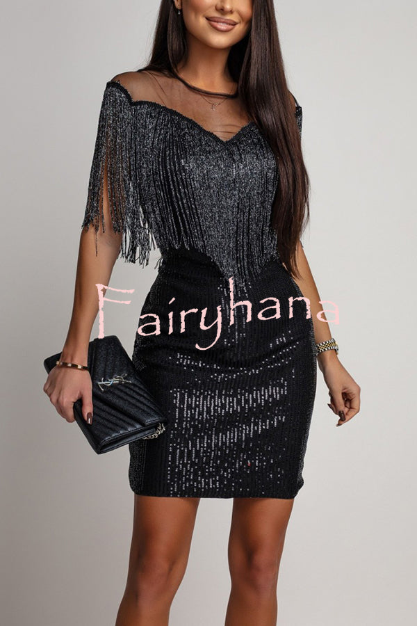 Glistening and Gorgeous Sequin Mesh Tassels Cape Sleeve Mini Dress