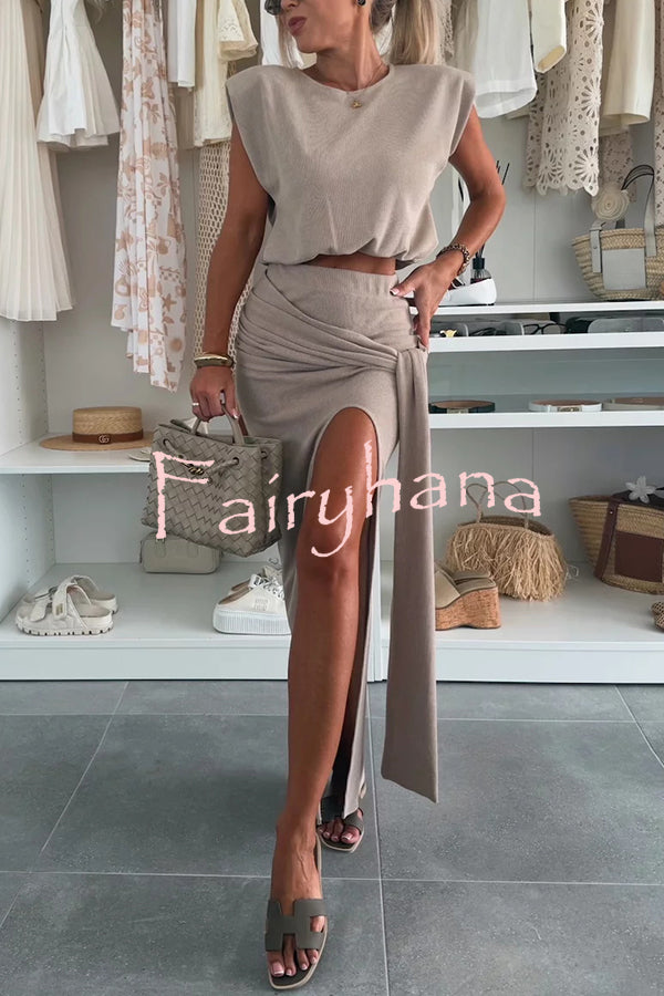 Comfortable Stylish Round Neck Sleeveless Casual Top and Elastic Waist Ruched Tie Slit Midi Skirt Set