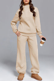Solid Color Long-sleeved Lapel Sports Sweatshirt and Elastic Waist Casual Pocket Pants Set