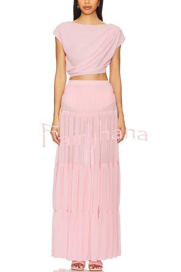 Stunning Chiffon Ruched Shoulder Short Sleeve Crop Top