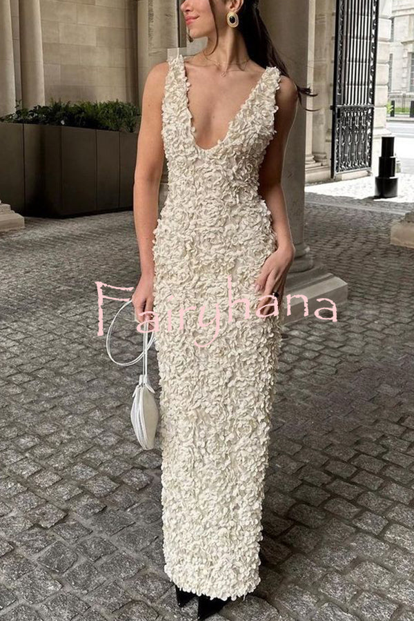 Three-dimensional Flower Sexy V-neck Slim Maxi Dress