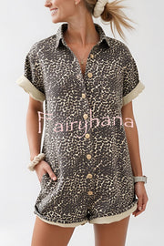 Comfort Meets Style Leopard Print Button Up Pocket Loose Shirt Romper