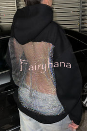 Fashionable Shiny Mesh Hollow Back Loose Long-sleeved Hooded Sweatshirt