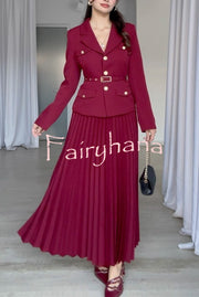 Solid Color Lapel Button Belt Blazer and Pleated Casual Maxi Skirt Set