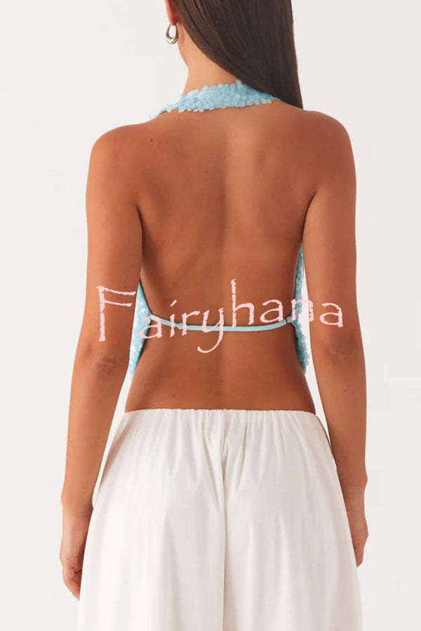 Mermaid Princess Sequins Cowl Neck Halter Backless Top