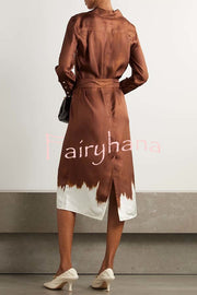 Oil Paint Unique Pattern Satin Button Long Sleeve Tie-up Shirt Midi Dress