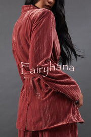 Solid Color Velvet Long-sleeved Waist Tie Top and Elastic Waist Casual Pocket Straight-leg Pants Set