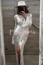 Garcelle Floral Lace Lace-up Long Bell Sleeve Slit Midi Dress