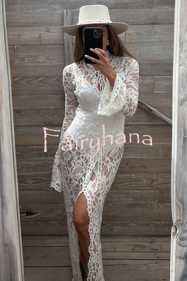 Garcelle Floral Lace Lace-up Long Bell Sleeve Slit Midi Dress