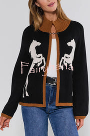 Stylish White Horse Pattern Casual Long-sleeved Knitted Cardigan