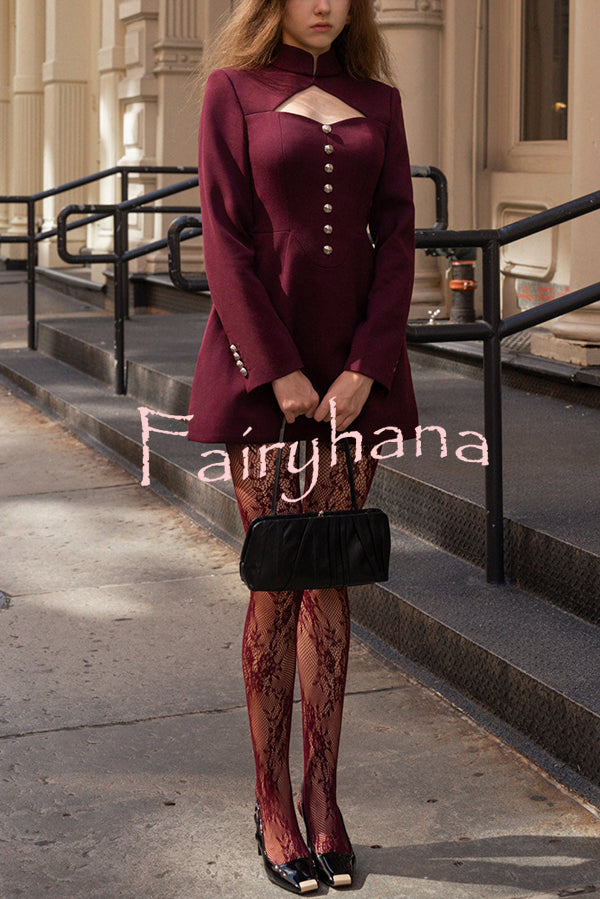 Elegant Long-sleeved Hollowed-out Button-down Slim-fit Mini Dress